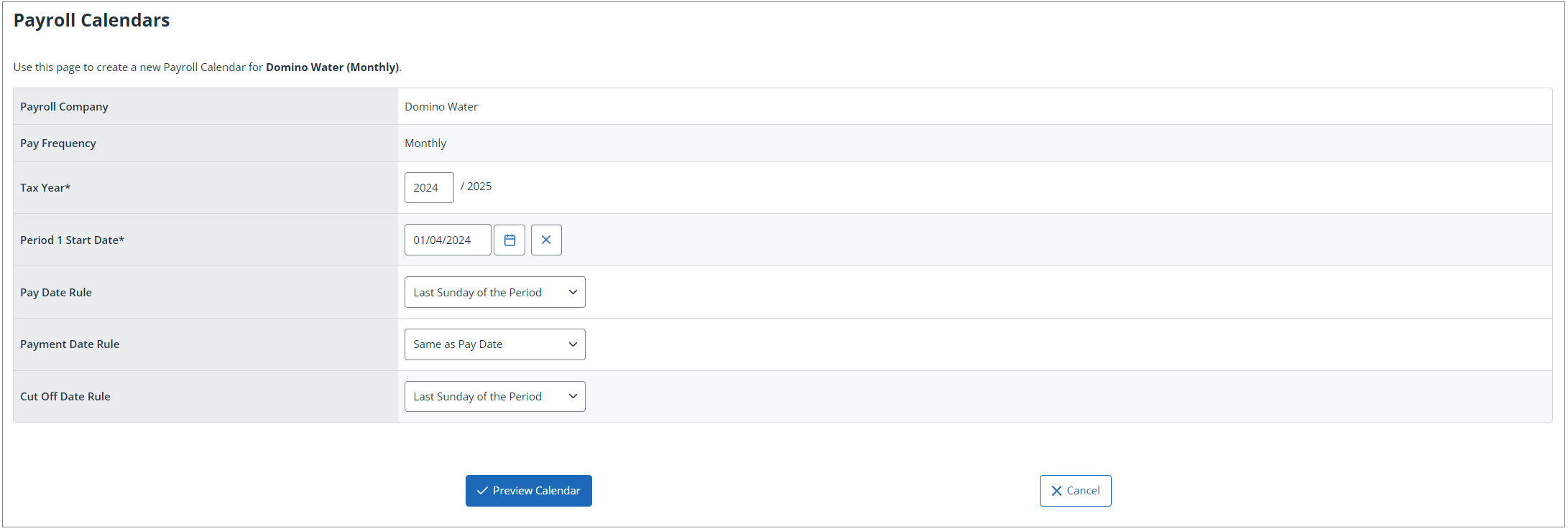 Screencapture of the Payroll Calendars screen.